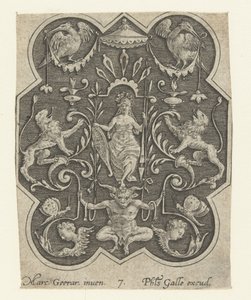 Dona amb casc amb escut i llança Acabats decoracions superficials amb grotesques sobre fons ombrejat (títol de la sèrie). tekijältä Philips Galle