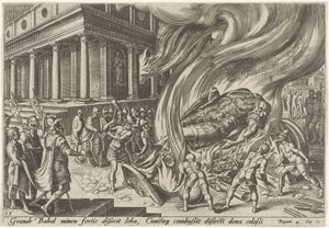 Jehu tuhoaa temppelin ja Baalin kuvan The Days of Doom of the Jewish People (sarjan nimi) tekijältä Philips Galle