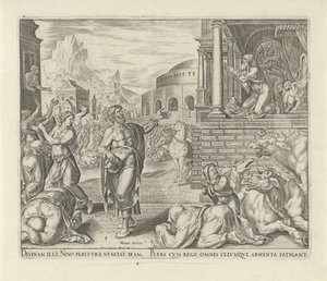 Joona ennustaa Niniven tuhoa History of Jonah (sarjan nimi) tekijältä Philips Galle