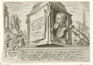Maarten van Heemskerckin muotokuva pylvään jalustalla The Days of Doom of the Jewish People (sarjan nimi) tekijältä Philips Galle