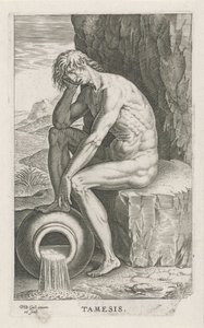 Riviergod Thames Thames (otsikko esineessä) Rivier- en zeegoden (sarjan nimi) Tyylikkäitä muotokuvia meren puolijumalista ja Amnicus-hylkeistä (sarjan nimi) tekijältä Philips Galle