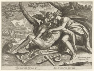 Venus suree Adonisin kuolemaa The Story of Adonis (sarjan nimi) tekijältä Philips Galle