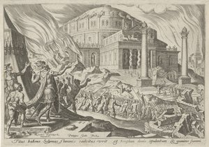 Keisari Titus tuhosi Jerusalemin The Days of Doom of the Jewish People (sarjan nimi) tekijältä Philips Galle