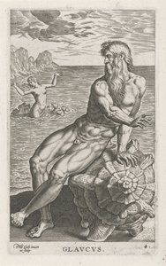 Zeegod Glaucus Glavcvs (otsikko objektissa) Rivier- en zeegoden (sarjan nimi) Tyylikkäitä muotokuvia meren puolijumalista ja Amnicus-hylkeistä (sarjan nimi) tekijältä Philips Galle
