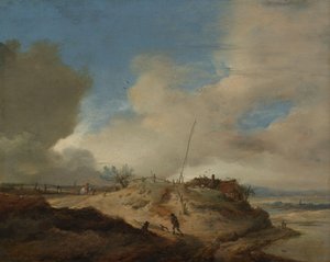 Dyynimaisema merkkipylvään kanssa tekijältä Philips Wouwerman