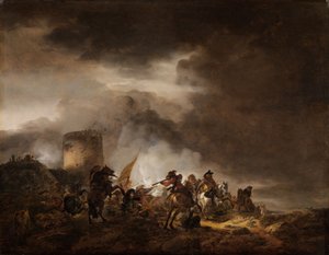 Ratsumiehien ja jalkaväen välinen taistelu linnoituksen edustalla tekijältä Philips Wouwerman
