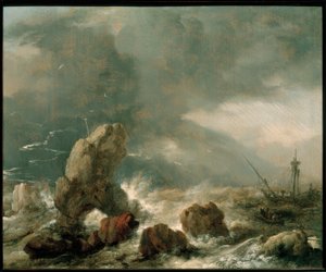 Myrskyinen meri, jossa kolme laivaa hädässä tekijältä Philips Wouwerman