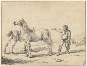Kaksi hevosta, toinen virtsaa ja toinen vinisee, ja seisova mies oikea käsi ylös tekijältä Philips Wouwerman