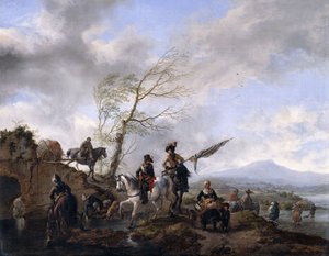 Laaja jokimaisema, jossa sotilaat ja kantakantaja juottavat hevosiaan, tekijältä Philips Wouwerman