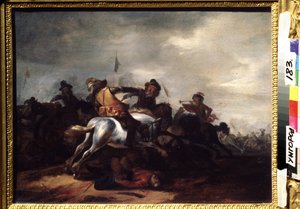 Taistelu. Philips Wouwermanin (1619-1668) maalaus. Öljy puulle, 31 x 41 cm. Flanderin taide, barokkitaide. Regional Art Museum, Uzhgorod (Ukraina).