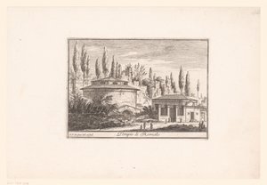 Näkymä Romuluksen temppelistä Tempio di Romolo (otsikko esineessä) Näkemyksiä antiikin ja nykyajan Roomasta (sarjan nimi) Varie Vedute di Roma Antica, e Moderna (sarjan nimi)