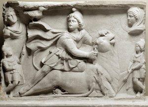 Foinikialaisten sivilisaatio: uhrauskohtaus, joka kuvaa jumalallista Mithraa (Mythra tai Mithra), lyö härän. 2. tai 3. vuosisadalla jKr. Marmoriset helpotussukat. Pariisi, Louvre-museo