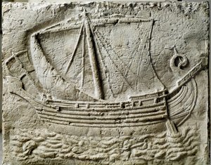 Foinikialainen taide: kauppalaivaa edustava sarkofagi basreliefi - Sidonin vanhasta satamasta (Saidoon) Libanonista - Pariisi, musee du Louvre - foinikialainen kauppalaiva - Sidonista (Libanon) löydetyn kivisarkofagin kohokuvio - Louvre-museo , Pari