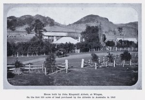 John Kingsmill Abbottin rakentama talo Wingenissä ensimmäiselle 330 hehtaarin maa-alalle, jonka Abbotts osti Australiasta vuonna 1843 (m/v kuva) tekijältä Photographer Australian
