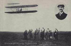Amerikkalainen lentäjä Orville Wright ja hänen lentävä kone (m/w kuva) tekijältä Photographer German