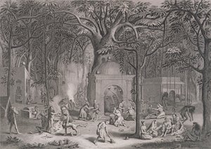 Hindufakiirit harjoittavat taikauskoisia riittejä, kaiverrettu Bell, World Religion -julkaisusta, julkaisija A. Fullarton & Co. tekijältä Picart