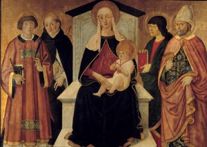 Neitsyt ja lapsi Neitsyttä ympäröivät Saint Laurentin diakoni, Pyhä Pietari, Pyhä Johannes ja Saint Blaise de Sebaste. Pier Francesco Fiorentinon alttaritaulu (toimii noin 1475-1500) 1490. Su. 132x143 m. Avignon, Musee du Petro Palais