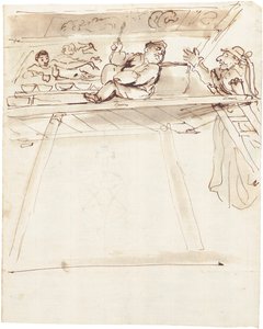 Karikatyyri Pier Francesco Molasta keskeyttämässä Giovanni Battista Passeria maalaamassa kattokoristeeksi makuuvaa Venusta tekijältä Pier Francesco Mola