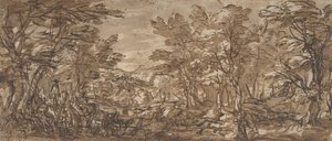 Metsäkohtaus, pysähdys vasemmalla, metsästys keskellä, 1612-66. tekijältä Pier Francesco Mola