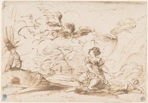 Enkeli ilmestyy Hagarille ja Ismaelille erämaassa, noin 1645 (kynä ja ruskea muste, ruskea tussi ja ruskea tussipesu, liimapaperi). tekijältä Pier Francesco Mola