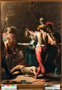 Pyhän Johannes Kastajan dekolaatio (Johannes Kastajan pään mestaus) Pyhän pää asetetaan tasangolle - Pier Francesco Mazzuchellin maalaus dit il Morazzone (1573-1626) Musei di Strada Nuova Genes (inv n PB 2813)