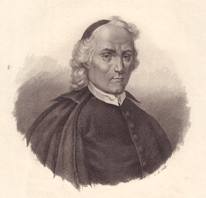 Italian presbyteerin ja historioitsija Ludovico Antonio Muratorin (1672-1750) muotokuva, kuparikaiverrus tekijältä Blaise Nicolas Le Sueur