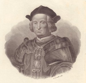Italian sotilasjohtajan ja poliitikon Gian Giacomo Trivulzion (1440-1518) muotokuva, Locatellin kuparikaiverrus tekijältä Blaise Nicolas Le Sueur