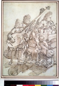 ""Konsertti"" Karikatyyri, joka edustaa viiden muusikon (kvintettin) konserttia luutilla, viululla, pianolla ja sellolla. Pier Leone Ghezzin (1674-1755) kynä- ja mustepiirustus 1700-luvun Pushkin-museo, Moskova