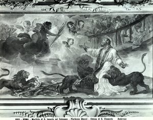Pyhän Ignatiuksen Antiokialaisen marttyyrikuolema Colosseumissa (fresko) (b/w)