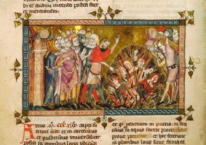 Juutalaisten polttaminen vuonna 1349. Pienoiskuva: Tractatus Quartus, Gilles de Muisit, n. tekijältä Pierart dou Tielt