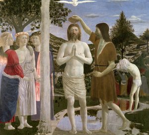 Kristuksen kaste, yksityiskohta Kristuksesta, Johannes Kastajasta ja enkeleistä, 1450 munatempera paneelille.
