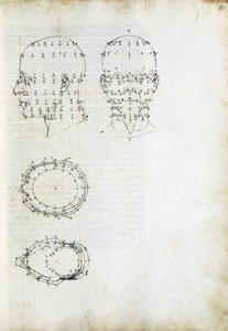 Pään rakenne ja geometrinen projektio, sivu De Prospectiva pingendistä (Maalauksen näkökulmasta), Piero della Francesca (n. 1415-1492), Italia tekijältä Piero della Francesca