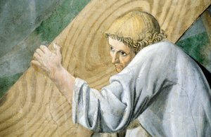 Yksityiskohta Piero della Francescan teoksesta "Legend of the True Cross", jossa näkyy pyhän puun kuljetus. tekijältä Piero della Francesca