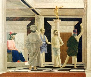 Flagelação de Cristo de Piero della Francesca (1412-1492), Têmpera sobre painel, 58x81,5 cm, detalhe acabamento tekijältä Piero della Francesca