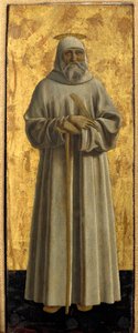 Misericorden polyptiikka: Misericorden neitsyt, pyhien ympäröimänä. Yksityiskohta, joka kuvaa pyhää Benedict of Nursiea. Piero della Francescan maalaus puulle (1415/20-1492) 1445-1460 Dim. 54x21 cm Sansepolcro, Pinacoteca Comunale tekijältä Piero della Francesca