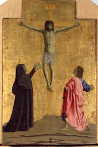 Misericorden polyptiikka: Misericorden neitsyt, pyhien ympäröimänä. Yksityiskohta ristiinnaulitsemisesta, jossa on merkintä "INRI"" Piero della Francescan puumaalaus (1415/20-1492) 1445-1460 Dim. 81x52,5 cm Sansepolcro, Pinacoteca C tekijältä Piero della Francesca
