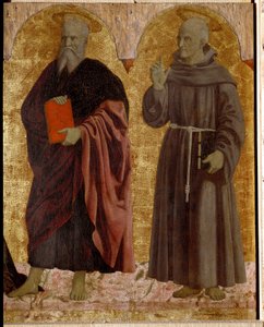Misericorden polyptiikka: Misericorden neitsyt, pyhien ympäröimänä. Yksityiskohta, joka kuvaa Saint Andrea ja Saint Bernardino of Siena (Bernardino da Siena tai Bernardino degli Albizzeschi tekijältä Piero della Francesca