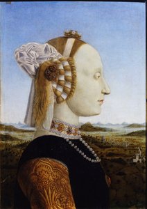 Battista Sforzan muotokuva Federico da Montefeltron ja hänen vaimonsa Urbinon herttuan ja herttuattaren parimuotokuvista, 1472 tekijältä Piero della Francesca