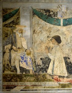 Muotokuva Sigismondosta (Sigismond) Pandolfo Malatesta (1417-1468) rukouksessa ennen San Sigismondoa (Sigismondo). Pietro di Benedetto dei Franceschin fresko Piero della Francescassa (1422-1492) tekijältä Piero della Francesca