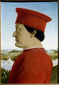 Urbinon herttua Federico de Montefeltron ja Battista Sforzan muotokuvia. Yksityiskohta, joka edustaa Federico da Montefeltroa tekijältä Piero della Francesca