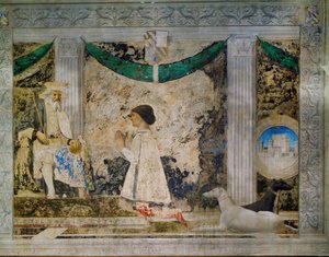 Sigismondo Pandolfo Malatesta, Riminin hallitsija, polvistuu suojelijansa, Pyhän Sigismundin, Burgundin pyhän kuninkaan, edessä (fresko). tekijältä Piero della Francesca