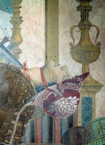 Legend of the True Cross, Herakleiosin ja Chosroesin taistelu, yksityiskohta miehestä, jonka kurkku on leikattu, valmistunut 1464 fresko. tekijältä Piero della Francesca