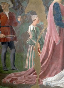 Legenda todellisesta rististä, Saaban kuningatar palvomassa ristin puuta, yksityiskohta avustajasta, valmistunut fresko 1464. tekijältä Piero della Francesca