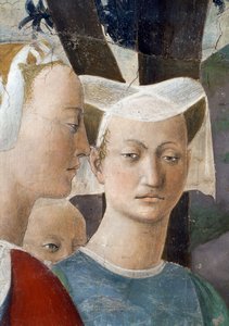 Legenda todellisesta rististä, Saaban kuningatar palvomassa ristin puuta, yksityiskohta kuningattaresta ja avustajasta, valmistunut fresko 1464. tekijältä Piero della Francesca
