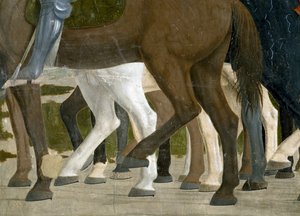 Legenda todellisesta rististä, Konstantinuksen voitto Milvian sillan taistelussa, yksityiskohta hevosen jaloista, valmistunut fresko 1464.