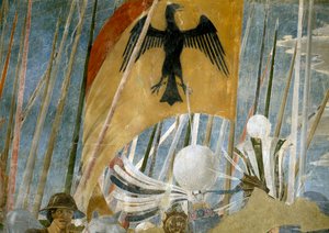 Legenda todellisesta rististä, Konstantinuksen voitto Milvian sillan taistelussa, yksityiskohta banderollista, valmistunut fresko 1464. tekijältä Piero della Francesca