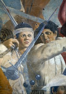 Legend of the True Cross, Herakleiosin voitto ja Chosroesin teloitus, yksityiskohta Herakleiosista ja Chosroesista, valmistunut 1464 fresko. tekijältä Piero della Francesca