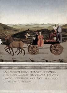 Urbinon herttuattaren Battista Sforzan voitto. Battista ja hänen palvelijattarensa, kaksi teologista hyvettä ja nunna piirretään voittoautoon kahden ruskean yksisarvisen vuoden 1472 jälkeen (tempera paneelissa) (yksityiskohta) tekijältä Piero della Francesca