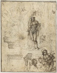 Tutkimusarkki, jossa on päitä, hahmoja ja arkkitehtonisia fragmentteja Opintopaperi päitä, hahmoja ja arkkitehtonisia fragmentteja tekijältä Piero di Cosimo (attributed to)
