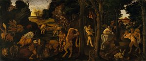 Metsästyskohtaus, n. 1494-1500 (tempera ja öljy siirretty Masoniitille) tekijältä Piero di Cosimo
